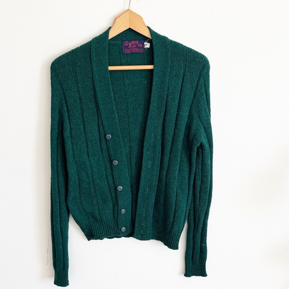 Vintage 90s green Scottish isle wool blend long sleeve cardigan sweater size L - Picture 1 of 5